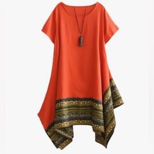 Orange Short Sleeve A-Line Dress with Patterned Hem